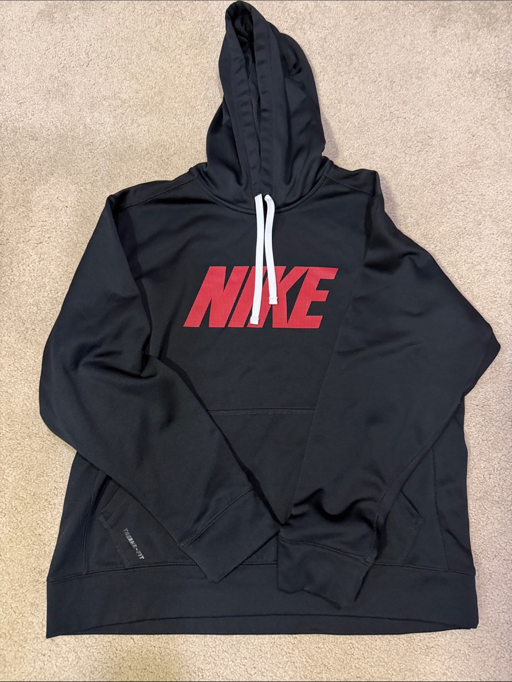 Nike Black Pullover Hoodie with Red Logo and White Drawstrings